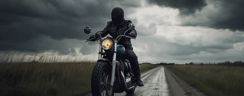 moto dans la campagne sous la pluie