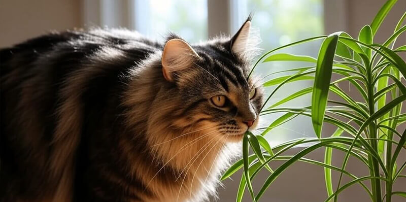 chat pres d'une plante dans un salon