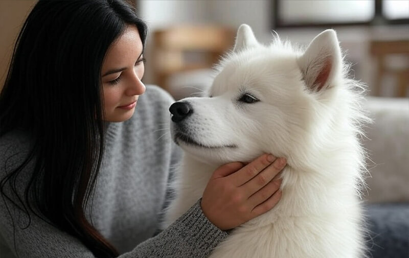 femme en train de caresser son samoyede